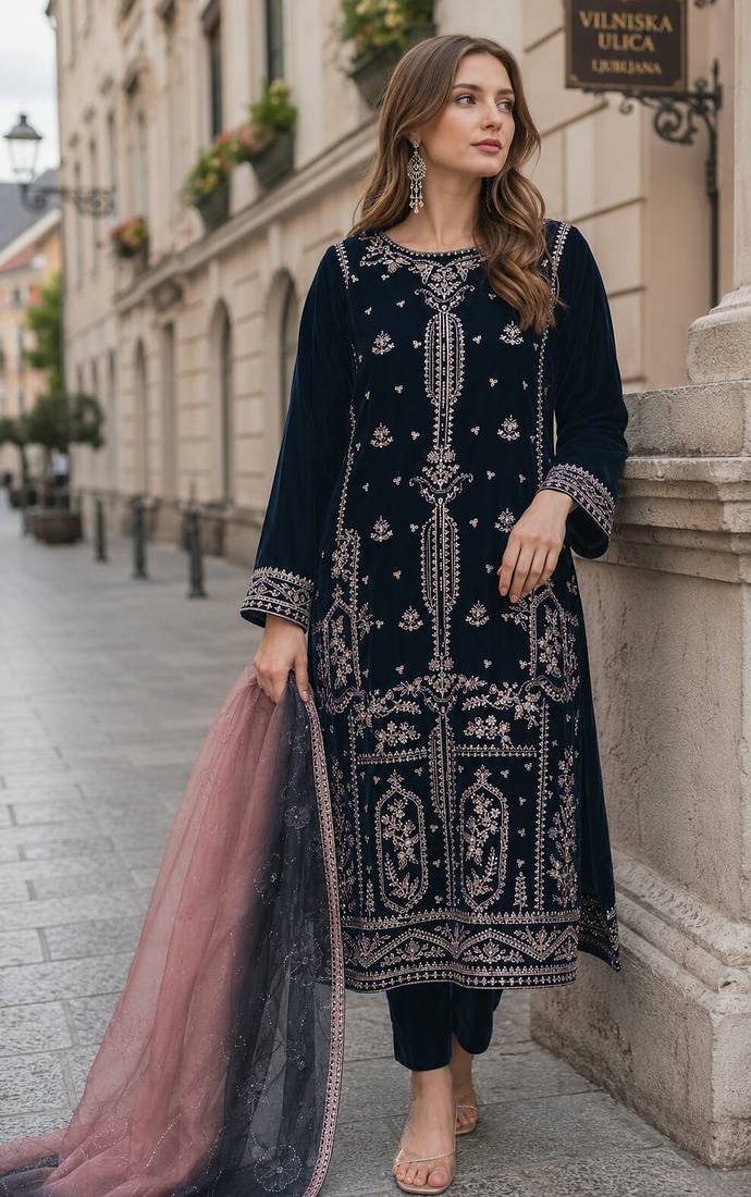 Navy blue velvet semi stitched suit with embroidery sequence work