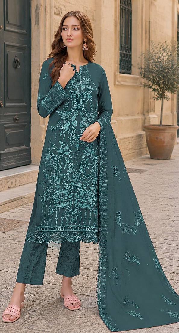 Blue fox georgette semi stitched suit with embroidery sequence work
