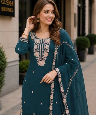 Teal chinon free size stitched palazzo suit with embroidered & bearts work 2