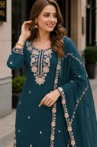 Teal chinon free size stitched plazzo suit with embroidered & bearts work