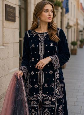 Navy blue velvet suit with embroidery sequin work 2