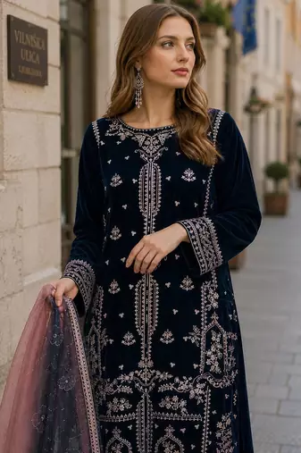 Navy blue velvet semi stitched suit with embroidery sequence work
