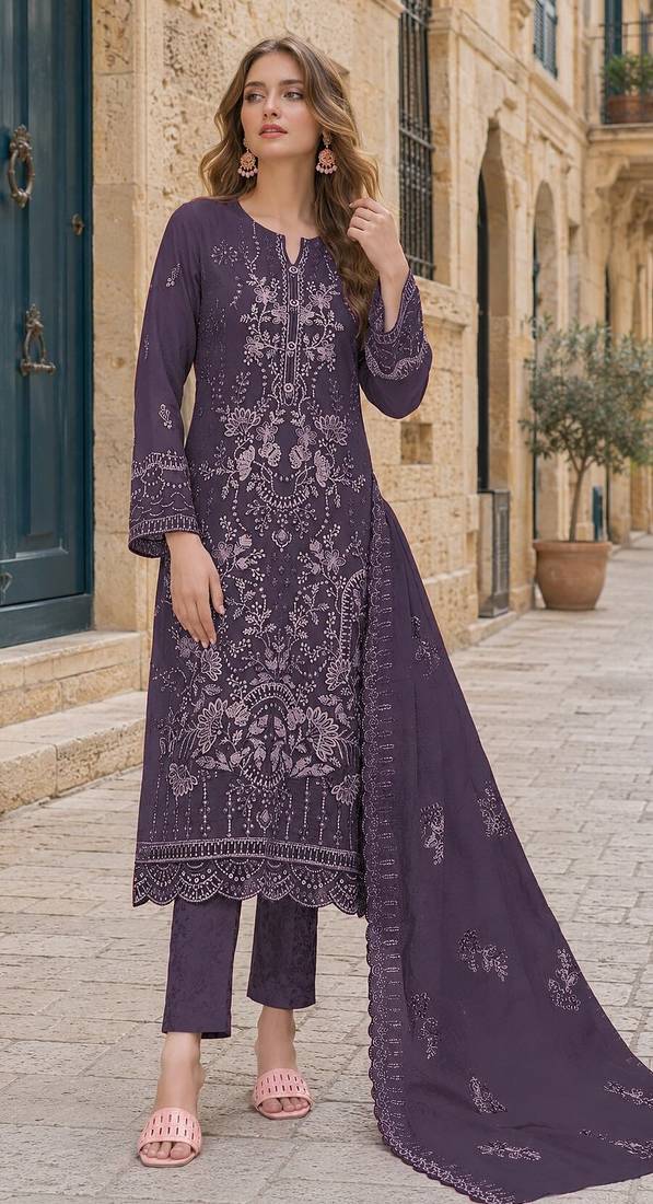 D lavender fox georgette semi stitched suit with embroidery sequence work