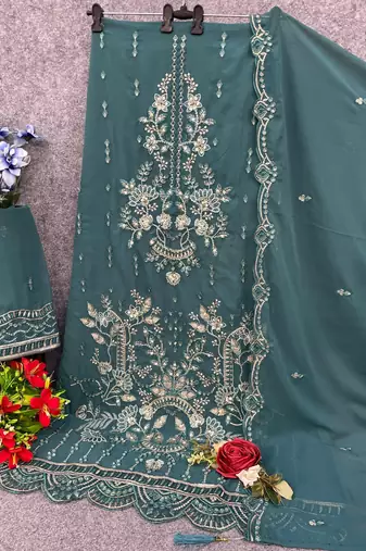 Blue fox georgette semi stitched suit with embroidery sequence work