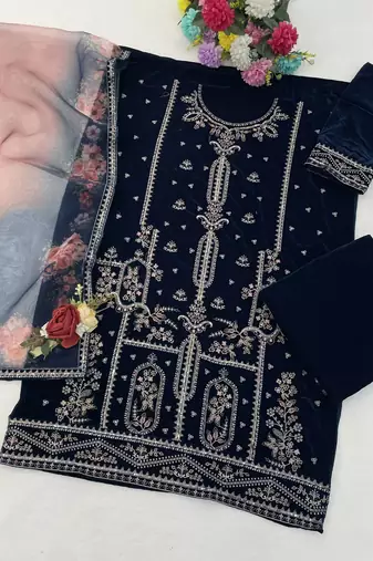 Navy blue velvet semi stitched suit with embroidery sequence work