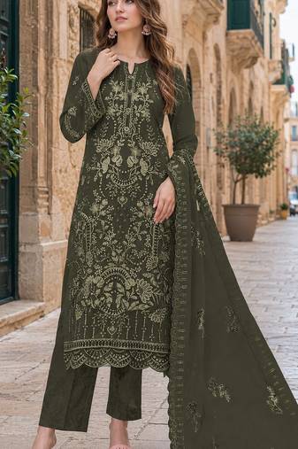 Mehendi fox georgette semi stitched suit with embroidery sequence work