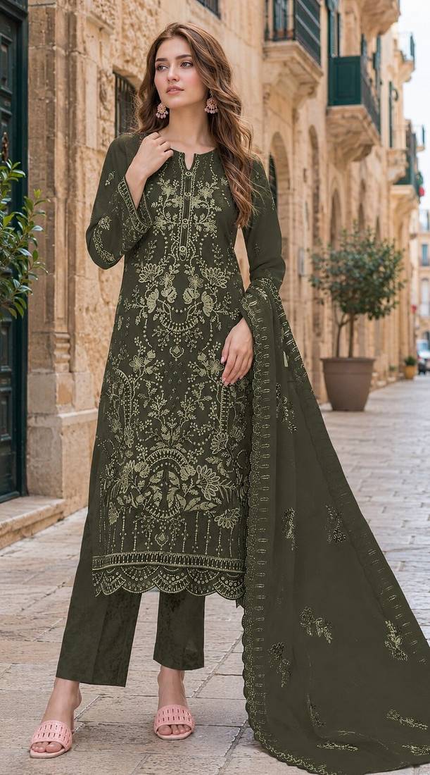 Mehendi fox georgette semi stitched suit with embroidery sequence work