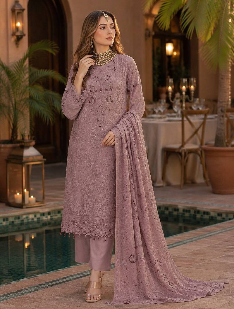 Light pink fox georgette embroidered semi stitched salwar suit