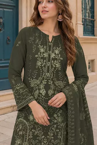 Mehendi fox georgette semi stitched suit with embroidery sequence work