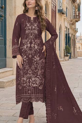 Maroon fox georgette semi stitched suit with embroidery sequence work