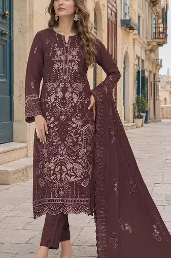 Maroon fox georgette semi stitched suit with embroidery sequence work