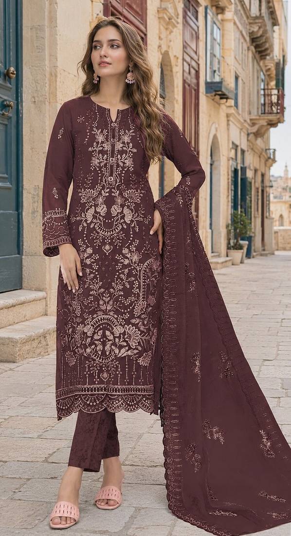 Maroon fox georgette semi stitched suit with embroidery sequence work
