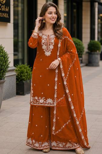 Orange chinon free size stitched plazzo suit with embroidered & bearts work