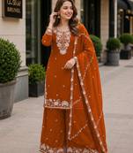Orange chinon free size stitched plazzo suit with embroidered & bearts work