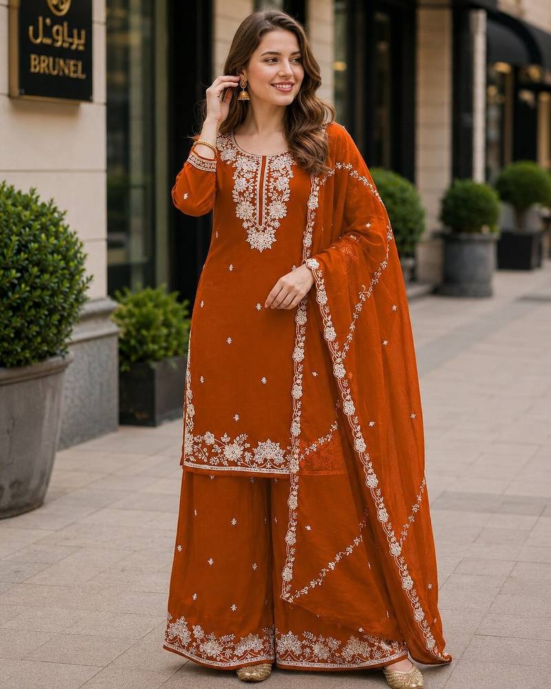 Orange chinon free size stitched plazzo suit with embroidered & bearts work