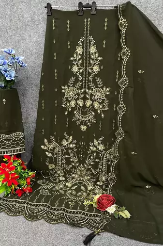 Mehendi fox georgette semi stitched suit with embroidery sequence work