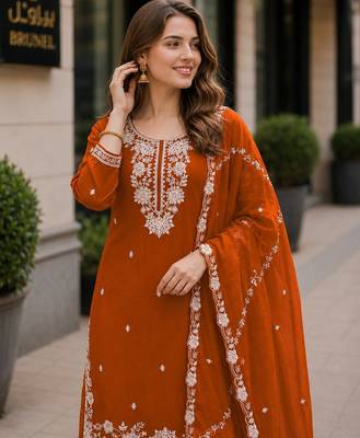Orange chinon free size stitched palazzo suit with embroidered & bearts work 2