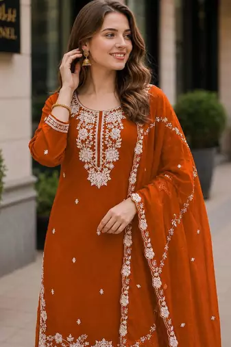 Orange chinon free size stitched plazzo suit with embroidered & bearts work