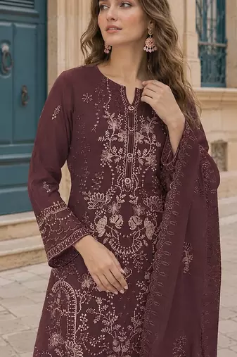 Maroon fox georgette semi stitched suit with embroidery sequence work