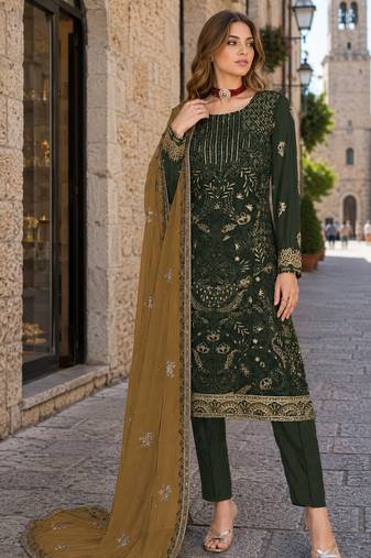 Green embroidered faux georgette semi stitched salwar suit