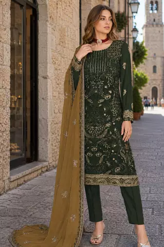 Green embroidered faux georgette semi stitched salwar suit