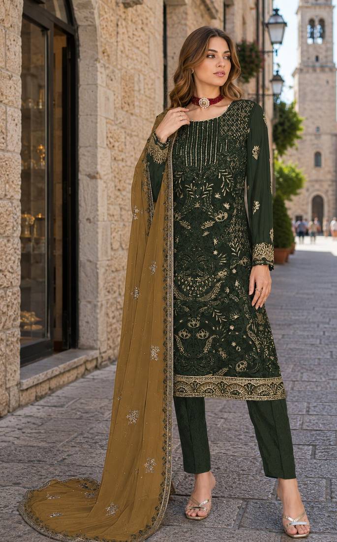Green embroidered faux georgette semi stitched salwar suit