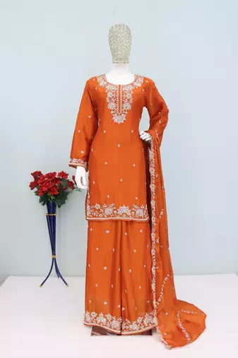 Orange chinon free size stitched plazzo suit with embroidered & bearts work
