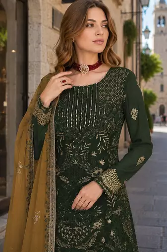 Green embroidered faux georgette semi stitched salwar suit