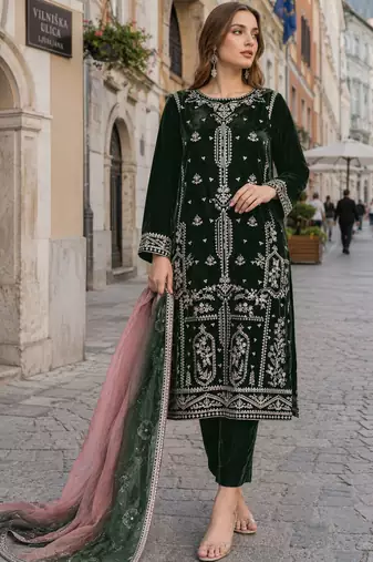 Green velvet semi stitched suit with embroidery sequence work