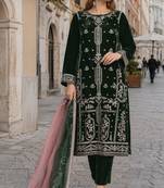 Green velvet semi stitched suit with embroidery sequence work