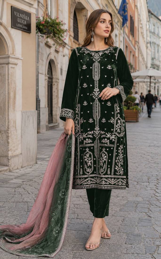 Green velvet semi stitched suit with embroidery sequence work