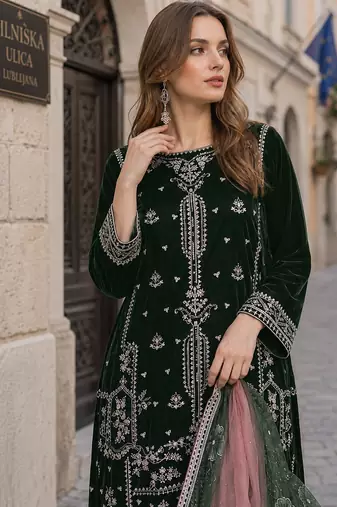Green velvet semi stitched suit with embroidery sequence work