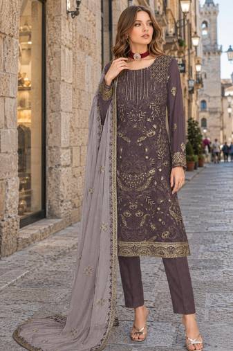 Dark grey embroidered faux georgette semi stitched salwar suit