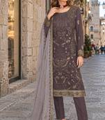 Dark grey embroidered faux georgette semi stitched salwar suit