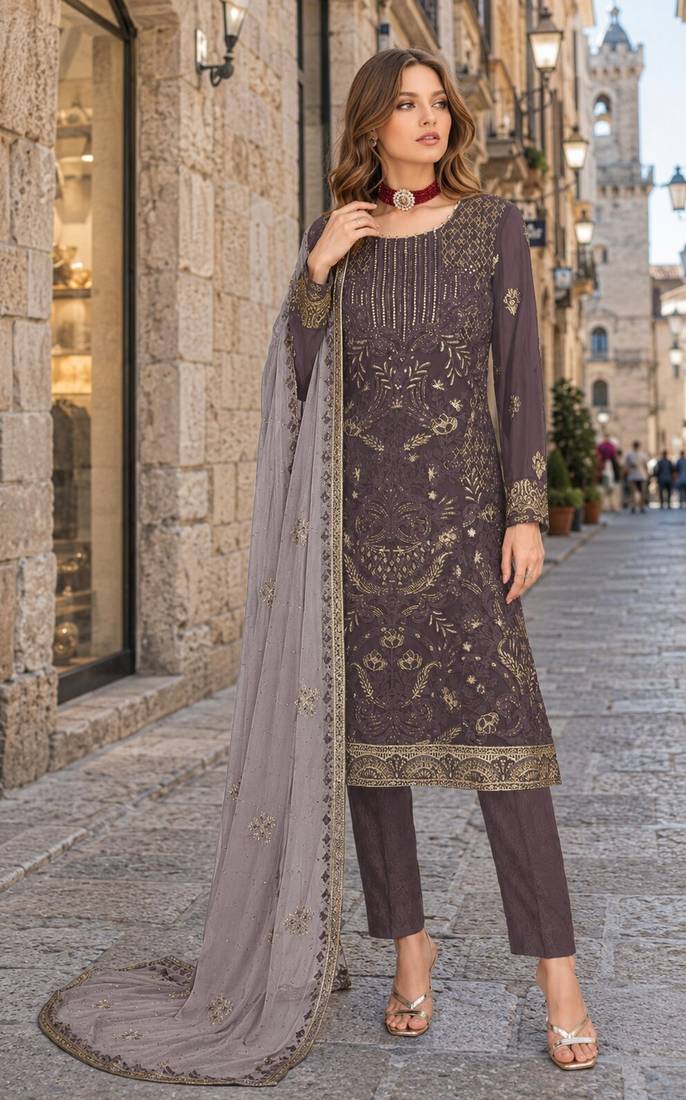 Dark grey embroidered faux georgette semi stitched salwar suit