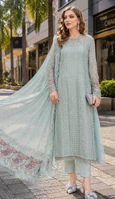 Sea-green fox georgette suit with embroidered sequin work 1