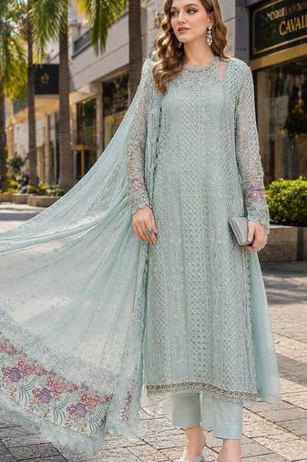 Sea-green fox georgette semi stitched suit with embroidered sequence work