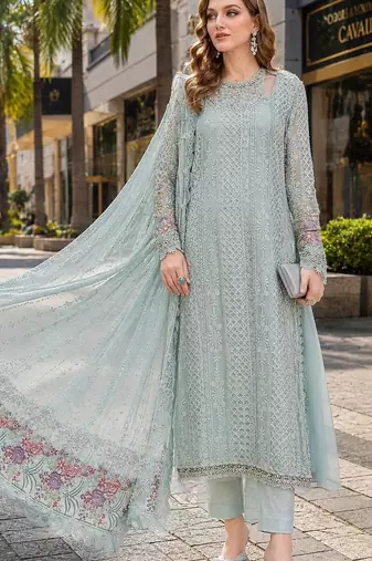 Sea-green fox georgette semi stitched suit with embroidered sequence work