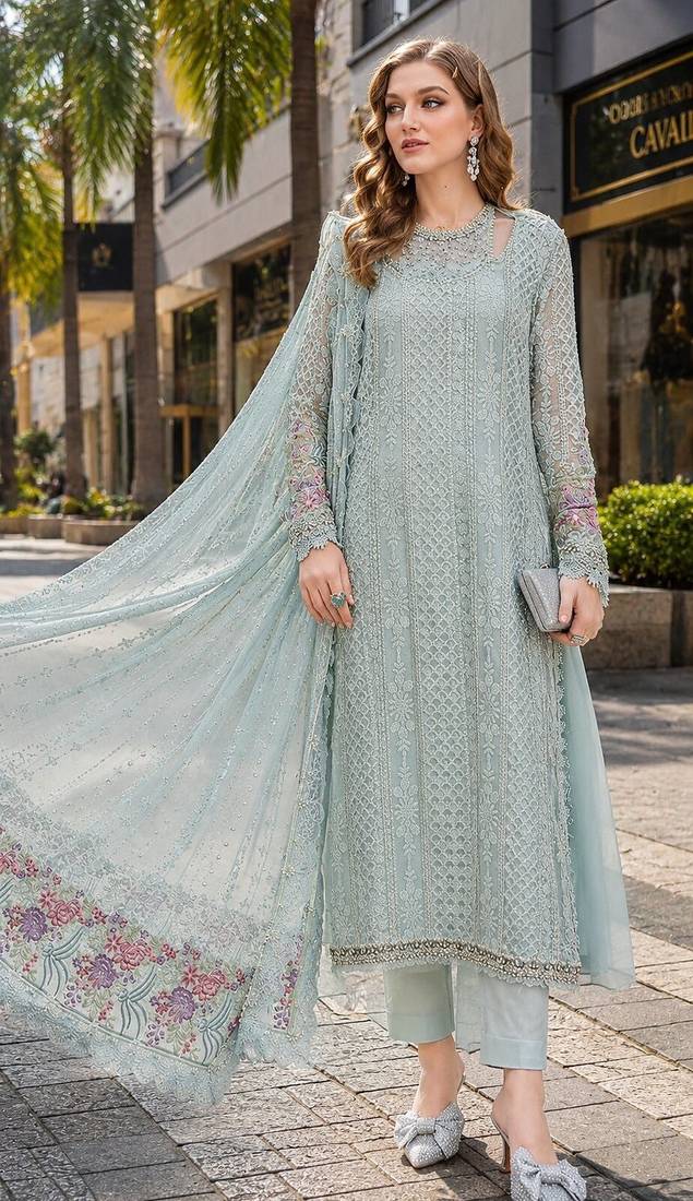 Sea-green fox georgette semi stitched suit with embroidered sequence work