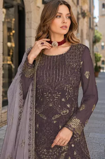 Dark grey embroidered faux georgette semi stitched salwar suit