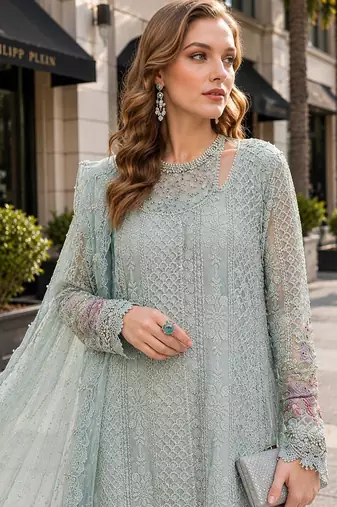 Sea-green fox georgette semi stitched suit with embroidered sequence work