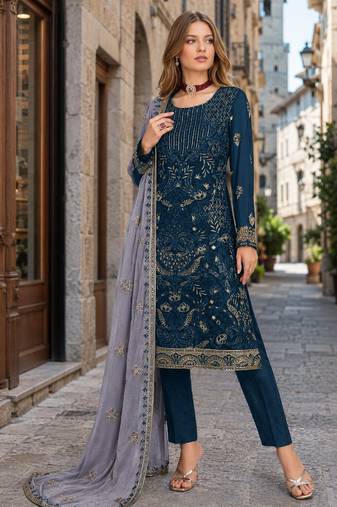 Teal embroidered faux georgette semi stitched salwar suit