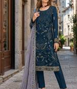 Teal embroidered faux georgette semi stitched salwar suit