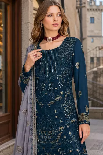 Teal embroidered faux georgette semi stitched salwar suit