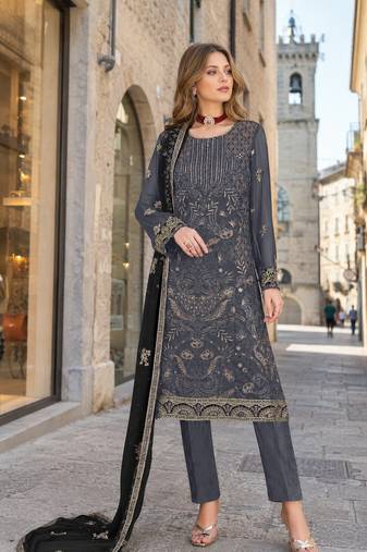 Grey embroidered faux georgette semi stitched salwar suit