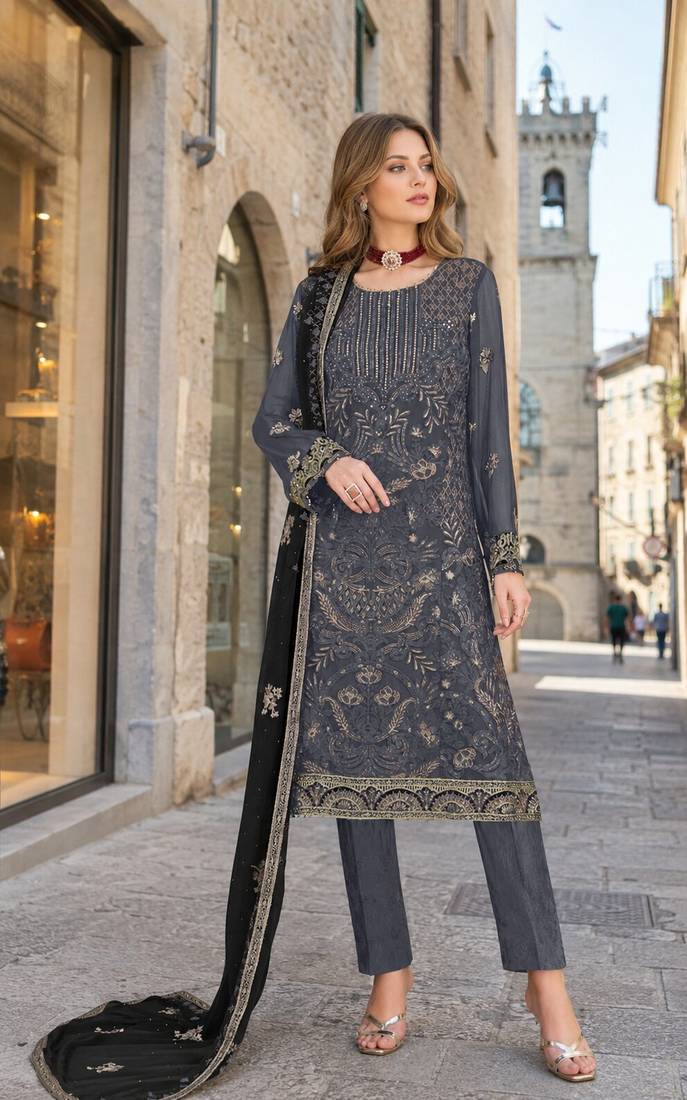 Grey embroidered faux georgette semi stitched salwar suit