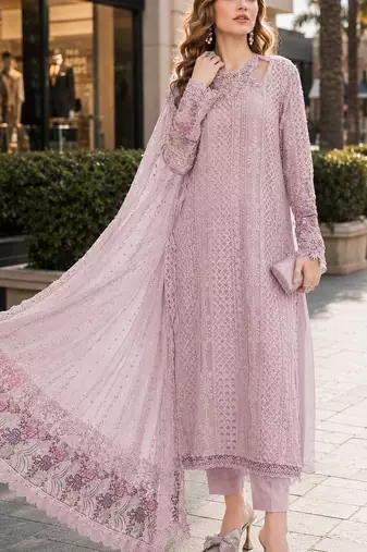 Pink fox georgette semi stitched suit with embroidered sequence work