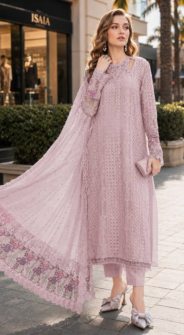 Pink fox georgette semi stitched suit with embroidered sequence work