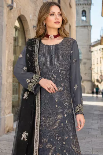 Grey embroidered faux georgette semi stitched salwar suit