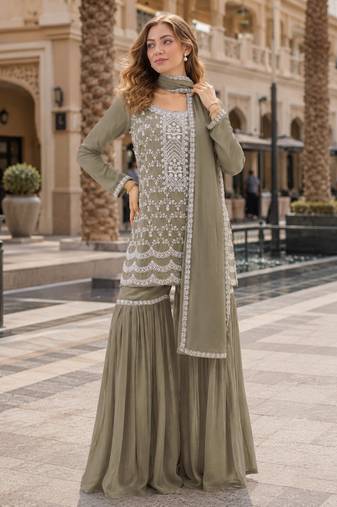 Mehendi faux georgette semi stitched suit with embroidery cotton thread & sequence work